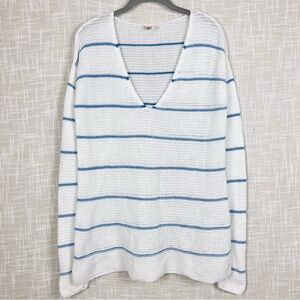 Faherty Beachy Nautical Blue & White Striped V-Neck Cotton Bamboo Sweater Tunic